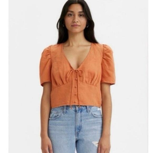 Levi’s Linen Cotton Puff Sleeve Blouse Sz L Rust Burnt Orange Button Front Top - Picture 1 of 10